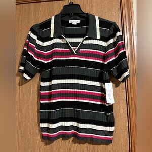 🔥NWT Liz Claiborne Collared V-Neck Short Sleeve Striped Sweater